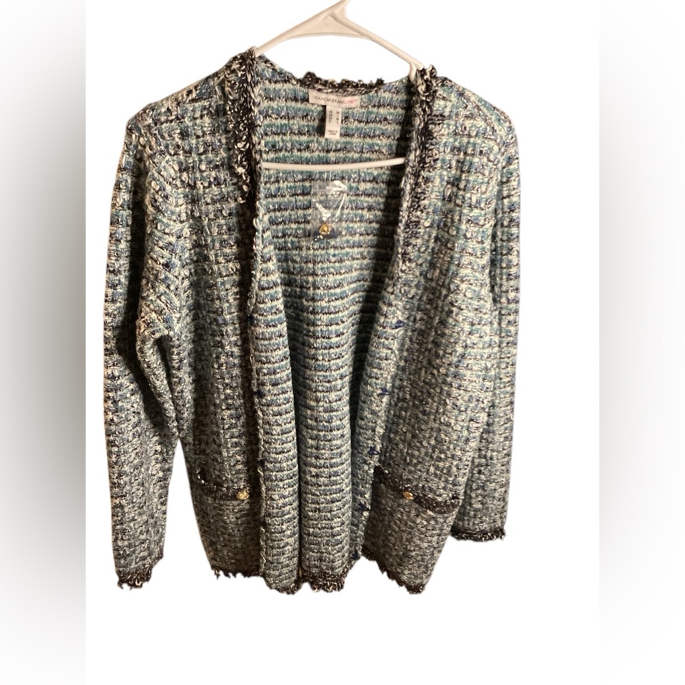 Isaac Mizrahi Blue and Green Tweed Cardigan